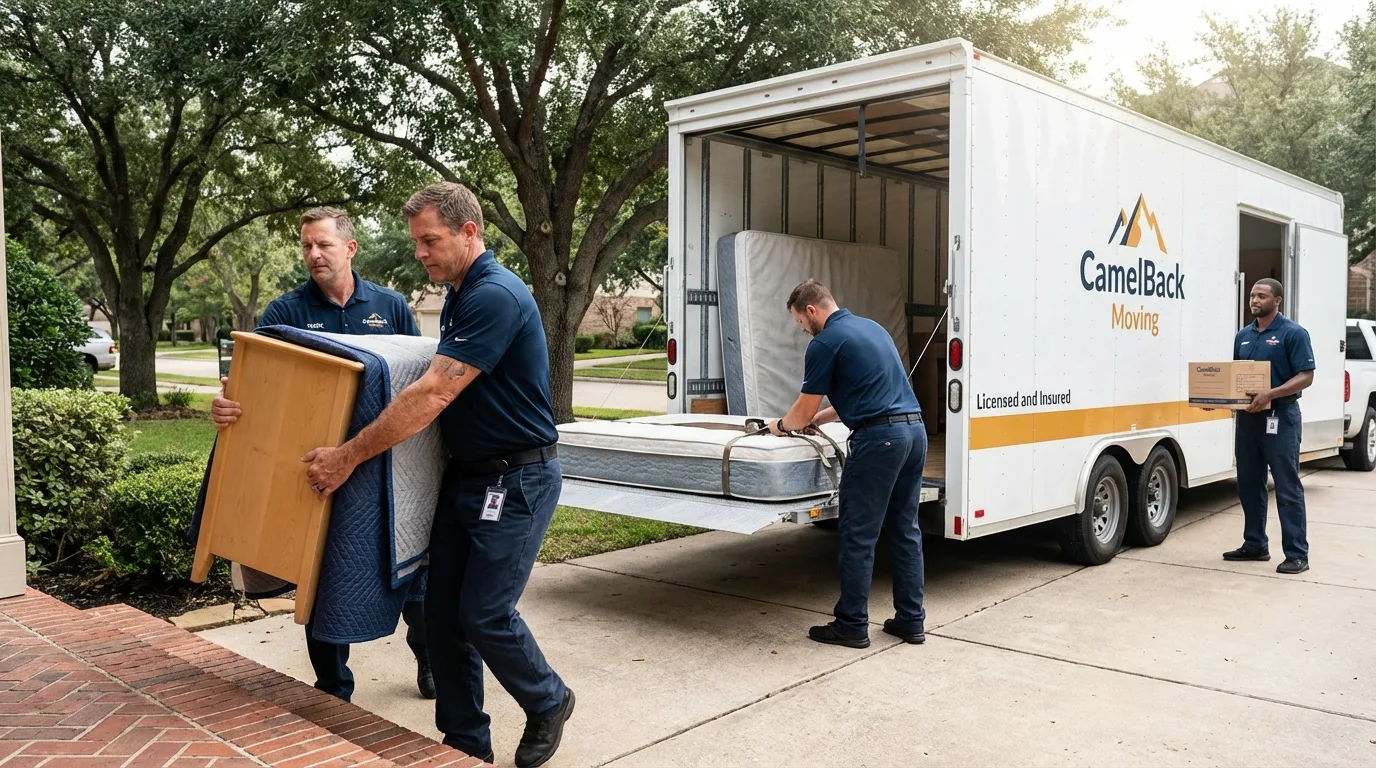 Crew loading residential truck for cross-state move from Hull, IA