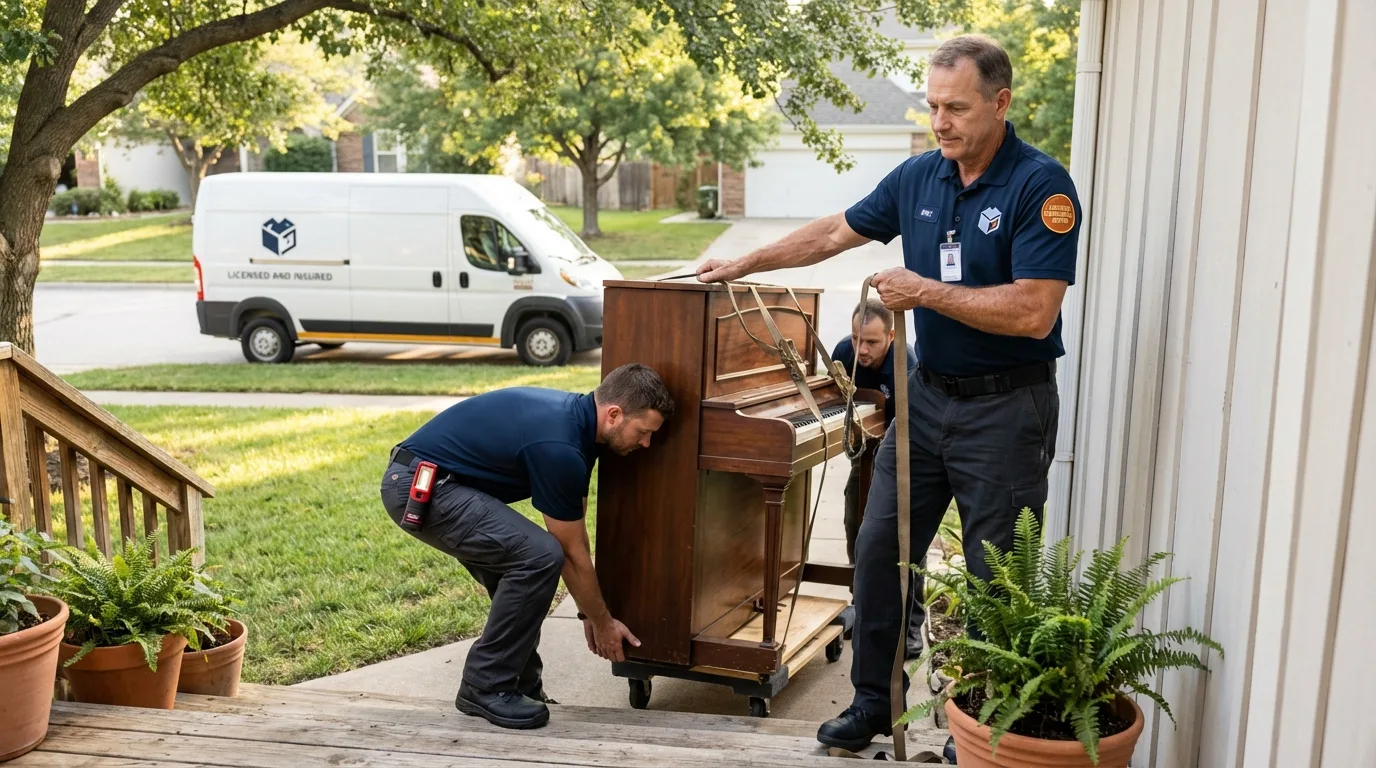 Licensed piano movers securing grand piano in Hull, IA