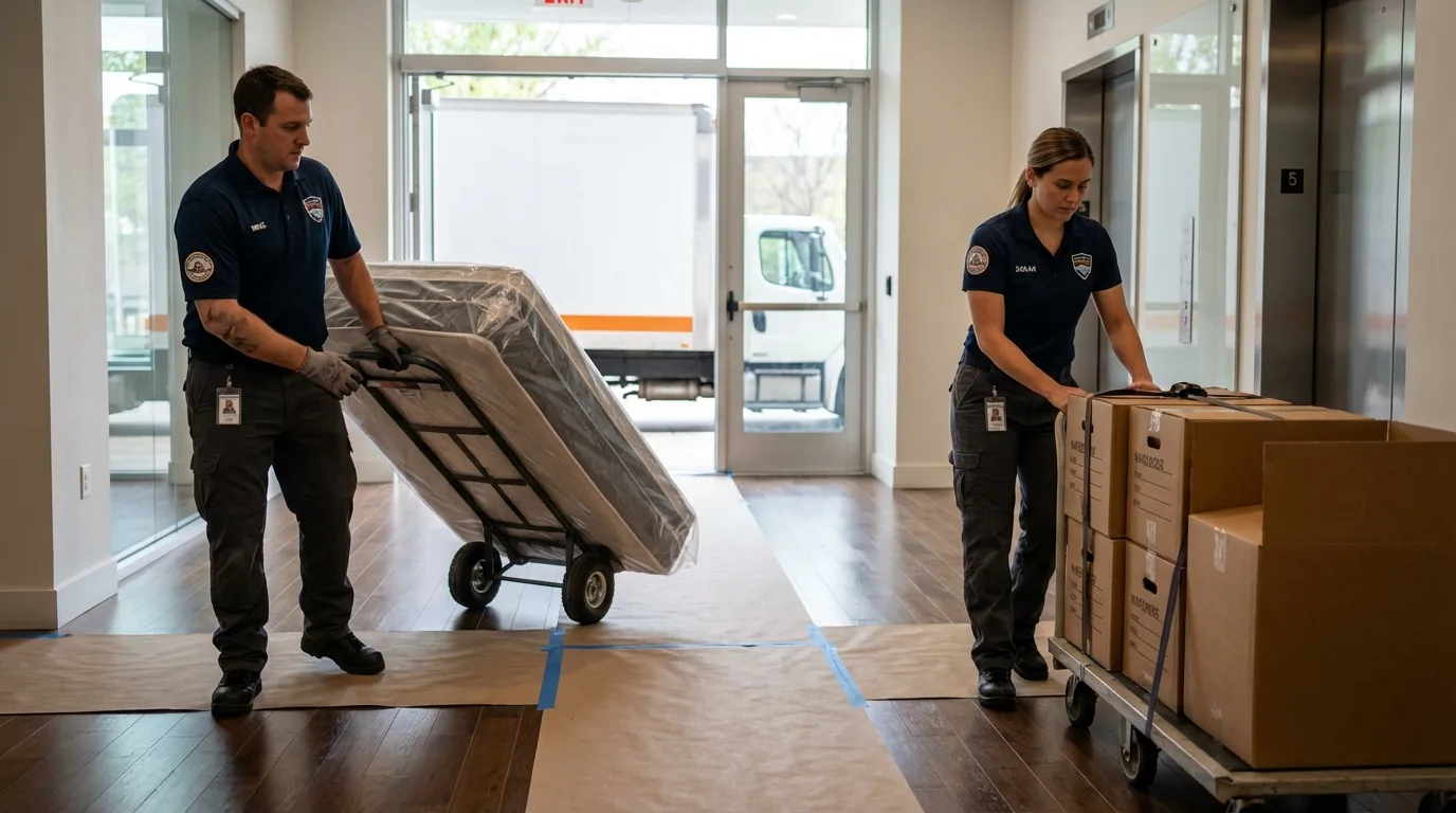 Professional apartment movers loading elevator in Hull, IA